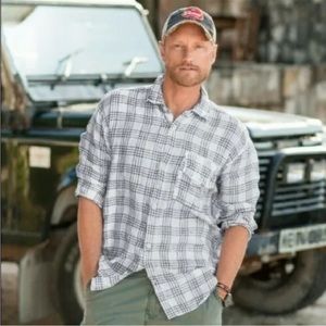 CP SHADES Men's 100% LINEN BUTTON DOWN SHIRT SZ S White-black Plaid